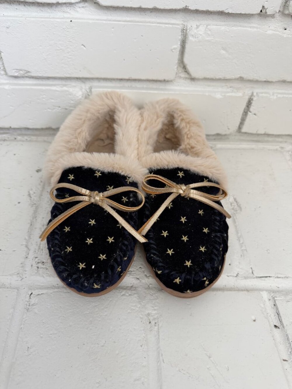 J.Crew Navy Velvet Star Embroidered Moccasin Slippers Women's 7